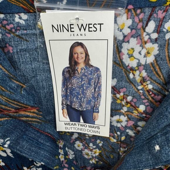 Nine West Jeans Floral Button Front Blouse XXL Teal Realm Tumbling Flowers NWT - Picture 7 of 9